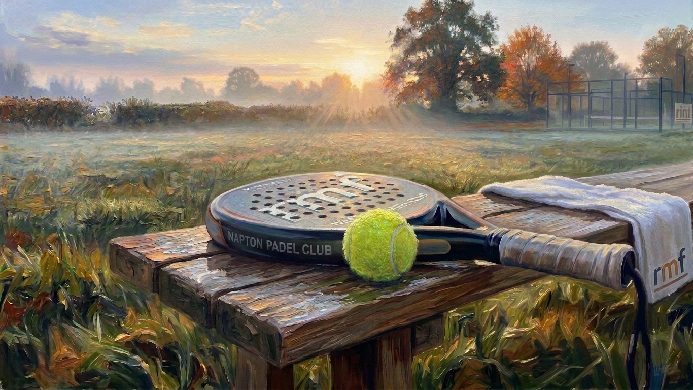 A Napton Padel Club padel racket and ball resting on a bench beside the courts at sunrise on a misty autumn morning